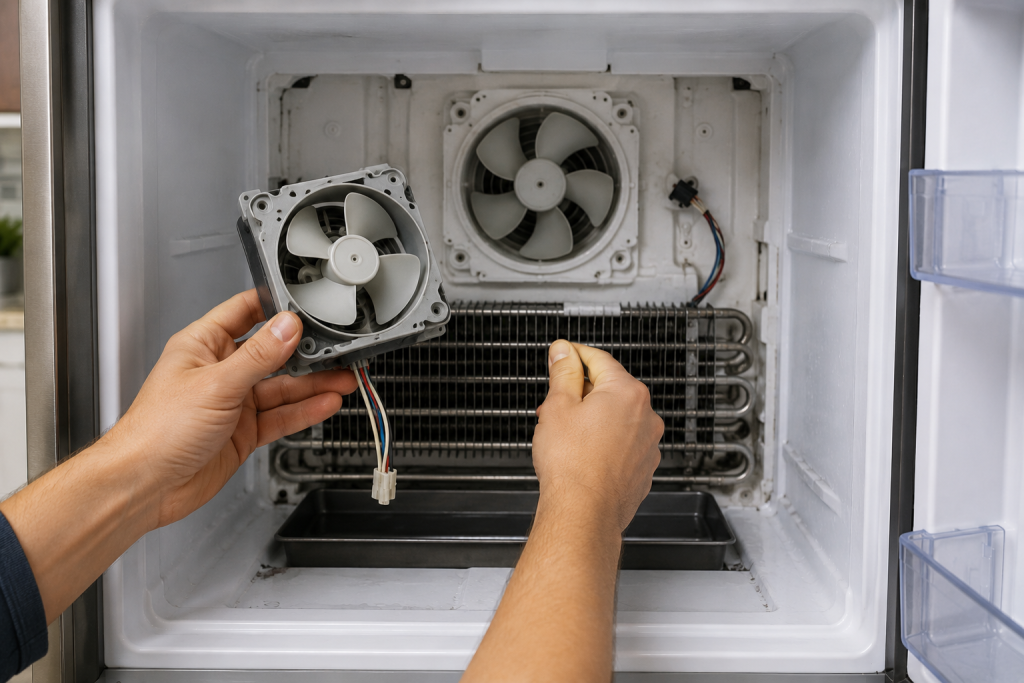 Technician inspecting the evaporator fan motor inside a Frigidaire freezer compartment during SY EF refrigerator troubleshooting repair