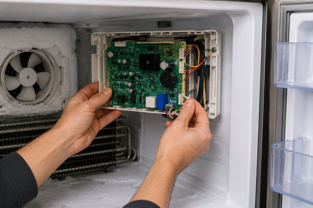 Refrigerator control board compartment with exposed electronic circuit board and wiring harness being inspected during Frigidaire SY EF error troubleshooting repair