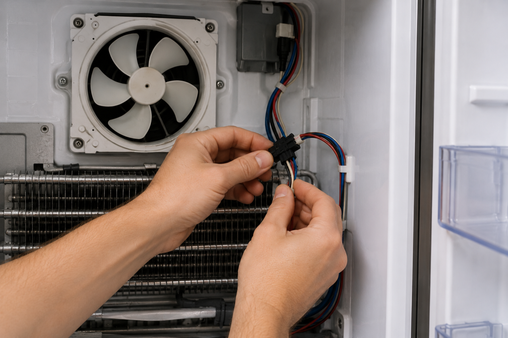 Close-up view of refrigerator wiring harness and electrical connectors inside a Frigidaire freezer compartment during SY EF error troubleshooting repair