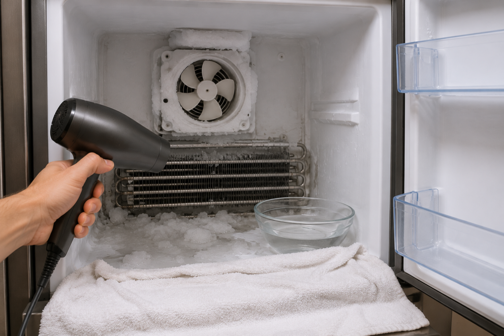 Open Frigidaire freezer compartment thawing during a manual defrost procedure with melting frost and towels placed on the kitchen floor to absorb water