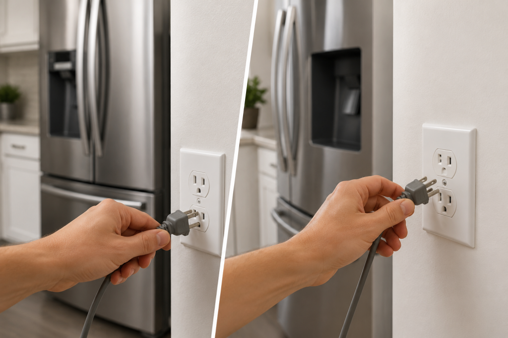 Hand unplugging and reconnecting a refrigerator power cord during a Frigidaire SY EF error reset procedure in a modern kitchen
