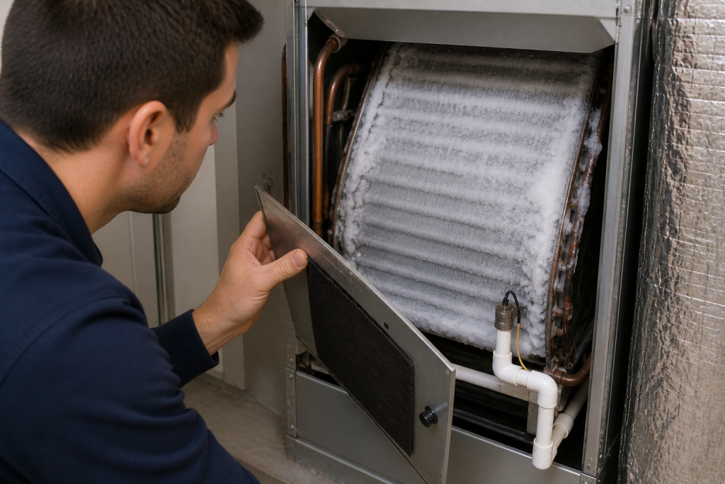 Inspecting frozen evaporator coil inside HVAC unit causing AC not turning on AC not turning on but thermostat is working
