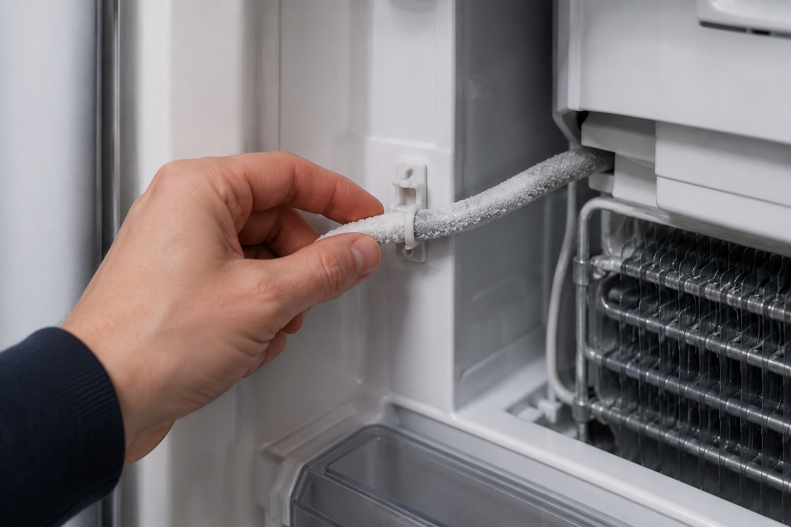 Hand inspecting a frozen water line inside a refrigerator near frosted tubing and cooling components