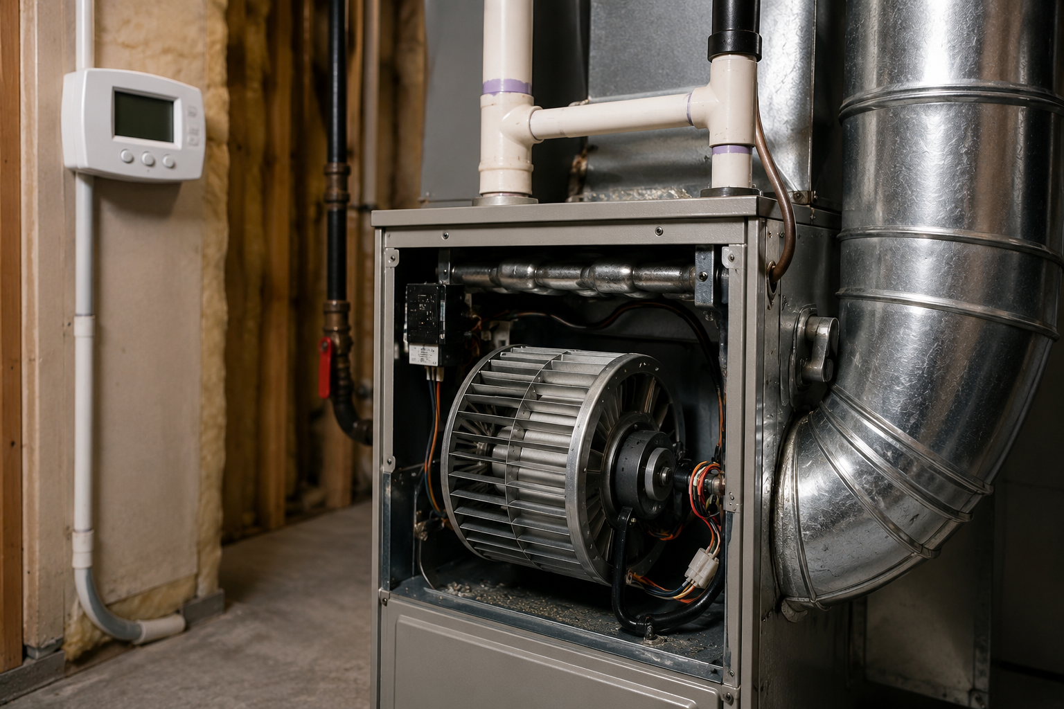 Residential HVAC furnace system running continuously inside a home utility room with visible blower compartment and air ducts
