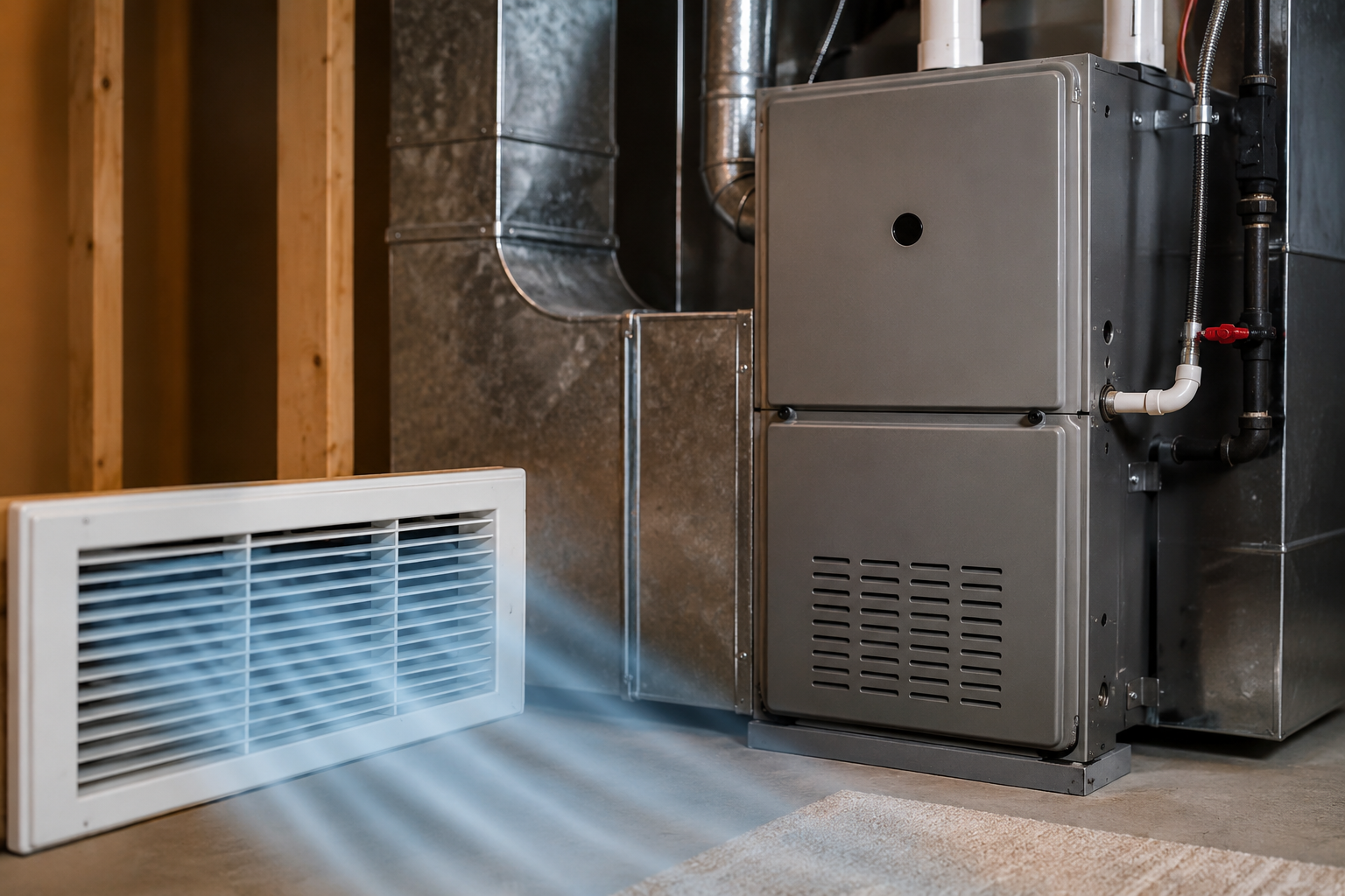 Furnace blowing cold air in a home HVAC utility room with floor vent airflow visible