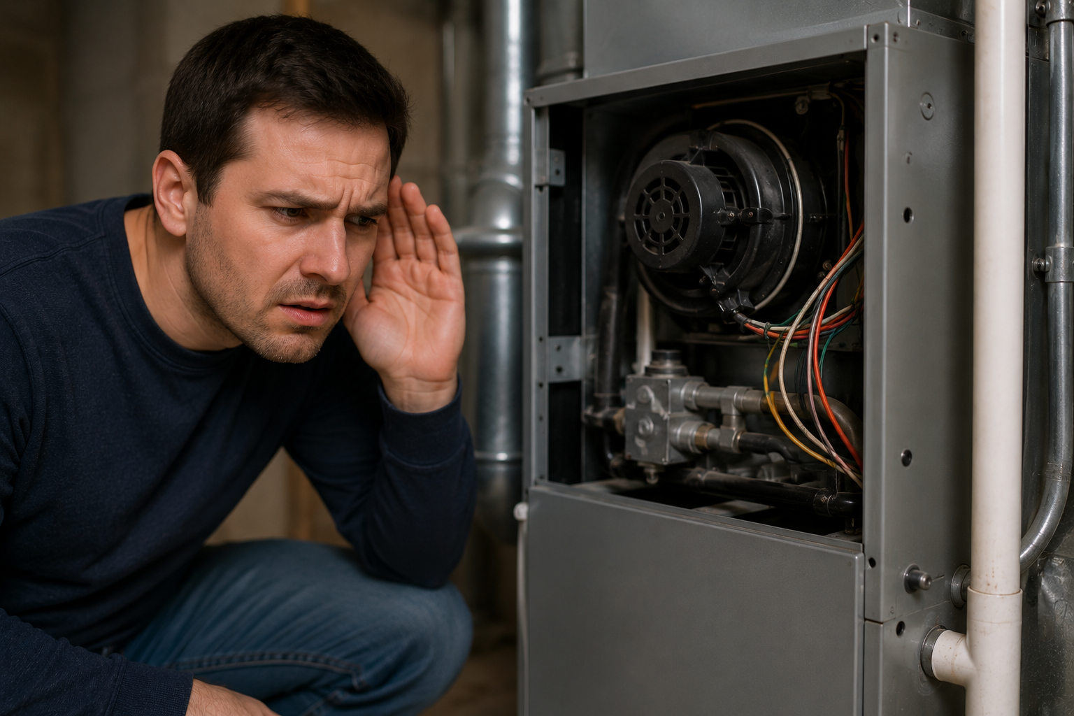 Homeowner inspecting a noisy residential furnace in a basement HVAC utility room during heating system troubleshooting