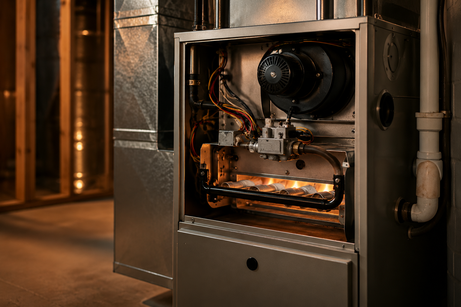 Gas furnace with open access panel and glowing burners during ignition troubleshooting in a residential basement HVAC room