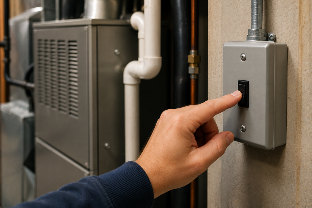 Hand turning on the furnace power switch beside a residential HVAC system in a basement utility room for a furnace not igniting