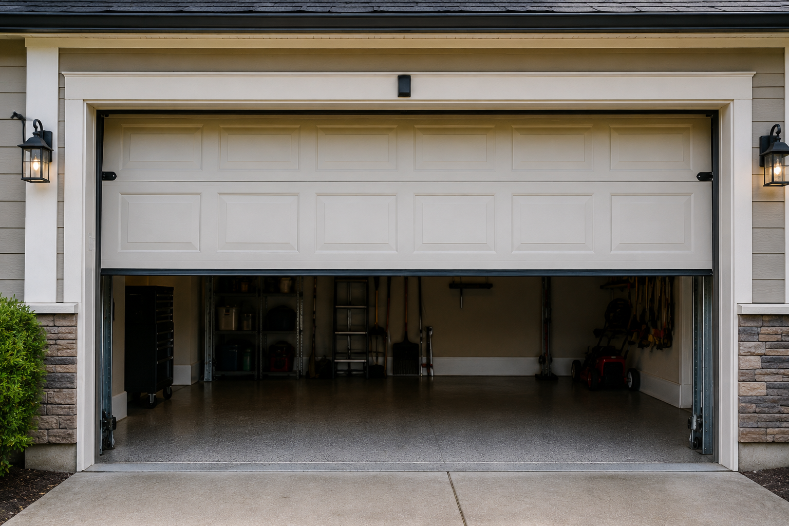 Residential garage door partially closed and reversing back open while attached to an automatic garage door opener system