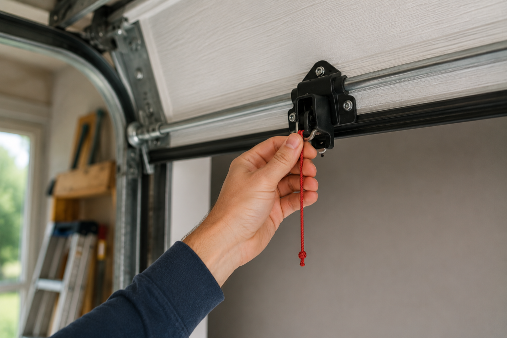 Homeowner checking the manual slide lock on the inside of a garage door to make sure it is unlocked properly