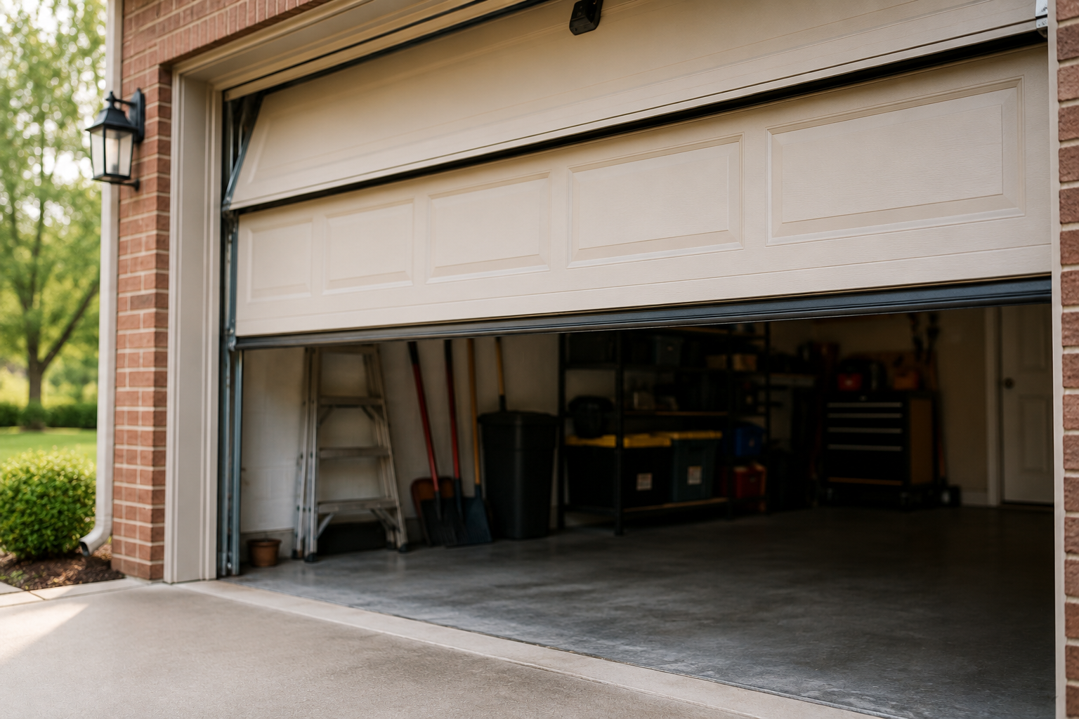 Residential garage door partially open and stopped midway during garage door opener troubleshooting in a suburban home garage interior