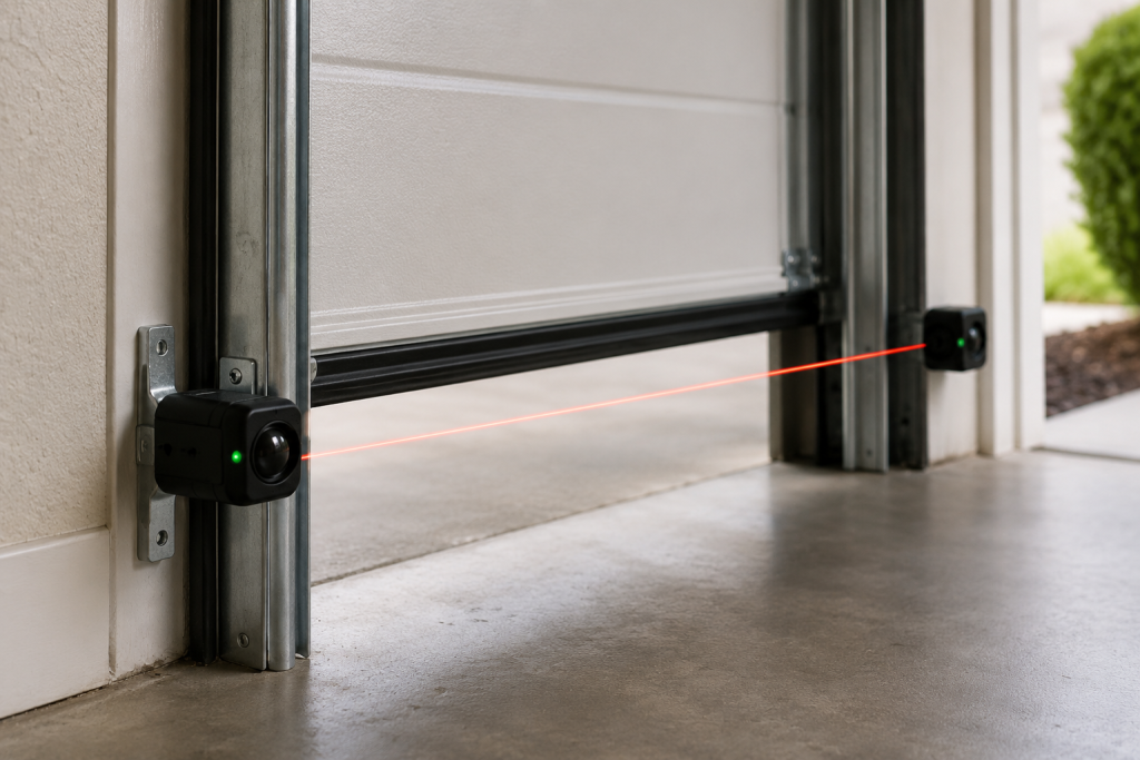 garage door safety sensors aligned near floor tracks inside garage door opening