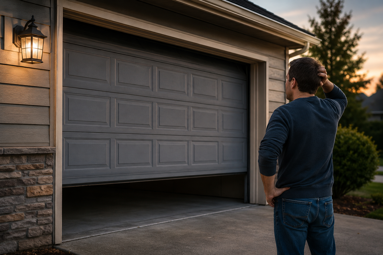 Homeowner standing outside a garage door that will not open during the evening while troubleshooting the problem
