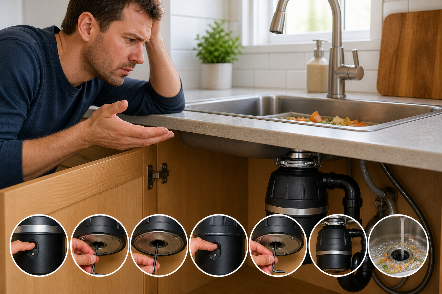 frustrated homeowner looking at garbage disposal under sink with food waste in drain showing disposal not working properly
