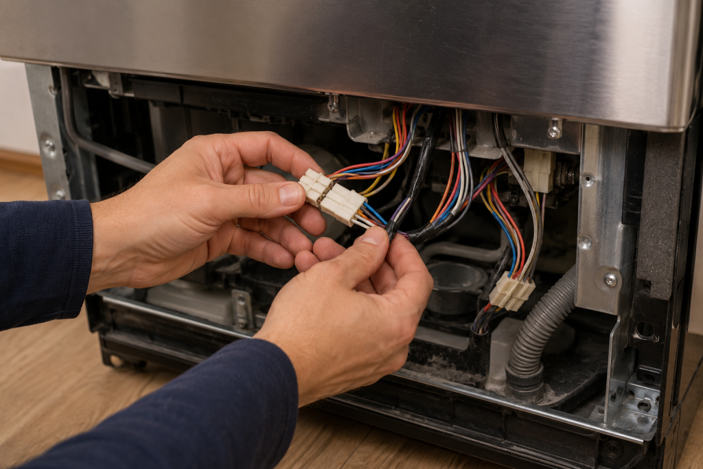 Homeowner inspecting wiring connections inside a dishwasher control compartment while troubleshooting a GE Dishwasher 888 error in a modern kitchen.