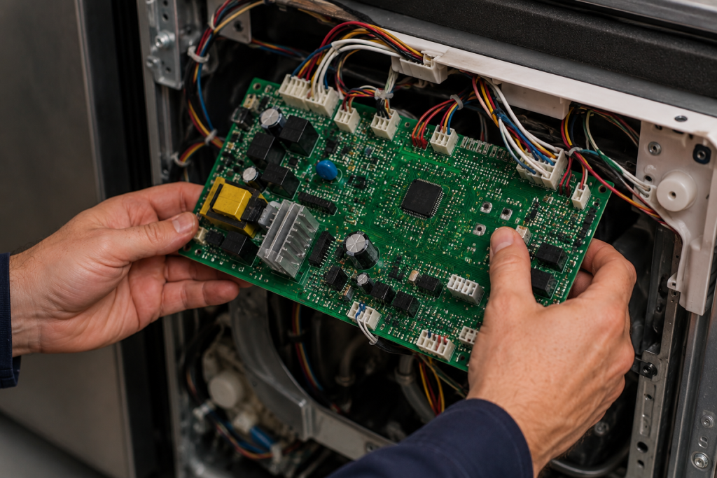 Homeowner inspecting the main control board inside a dishwasher while checking electronic components and wiring connections during troubleshooting.