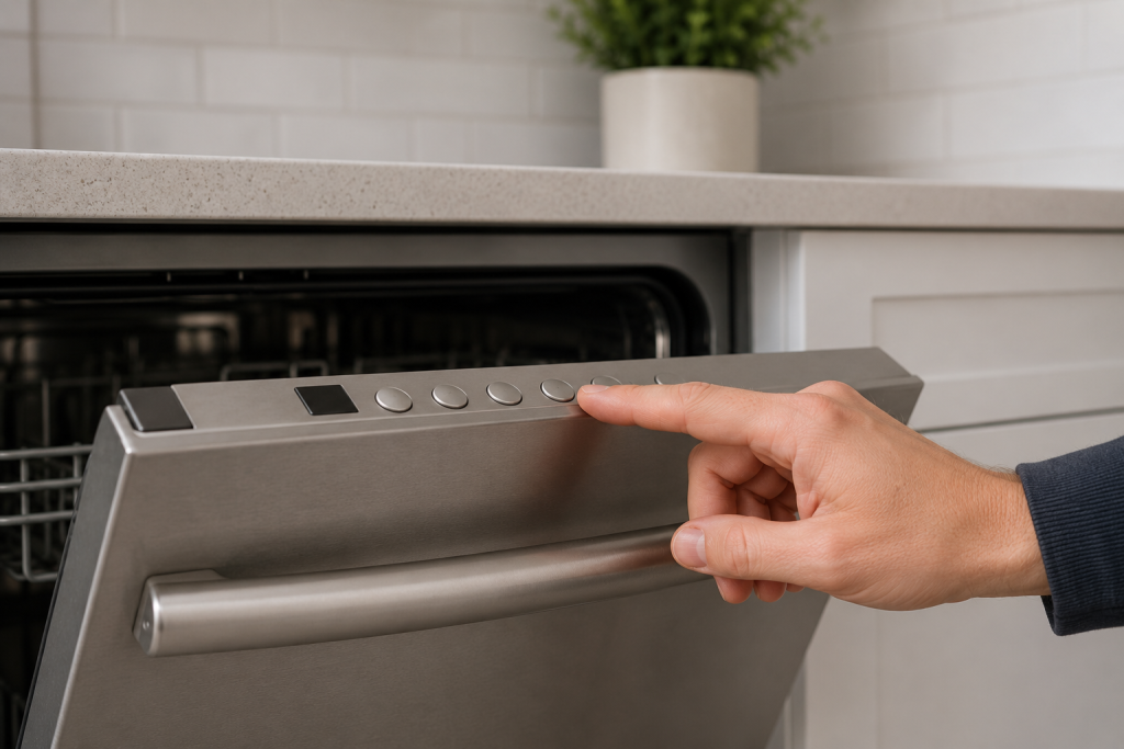 Homeowner pressing buttons on a dishwasher control panel to exit diagnostic or service mode and return the appliance to normal operation.
