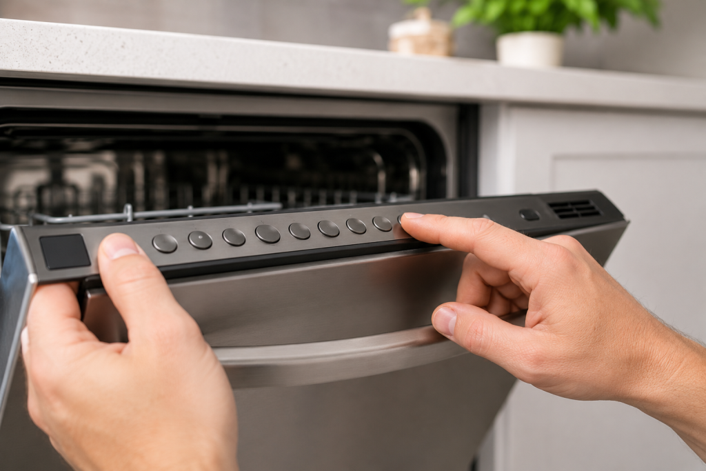 Homeowner inspecting and testing the control panel buttons on a stainless steel dishwasher while troubleshooting a GE Dishwasher 888 error.