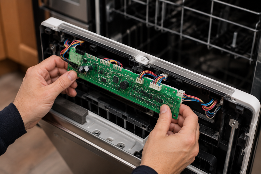 Homeowner inspecting the user interface control board and wiring connections inside a dishwasher control panel while troubleshooting a GE Dishwasher 888 error.