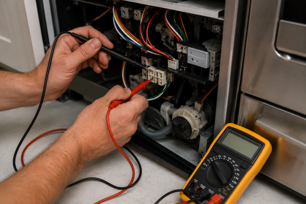 Homeowner using a multimeter to test a wall outlet and verify proper power supply to a dishwasher during troubleshooting in a modern kitchen.