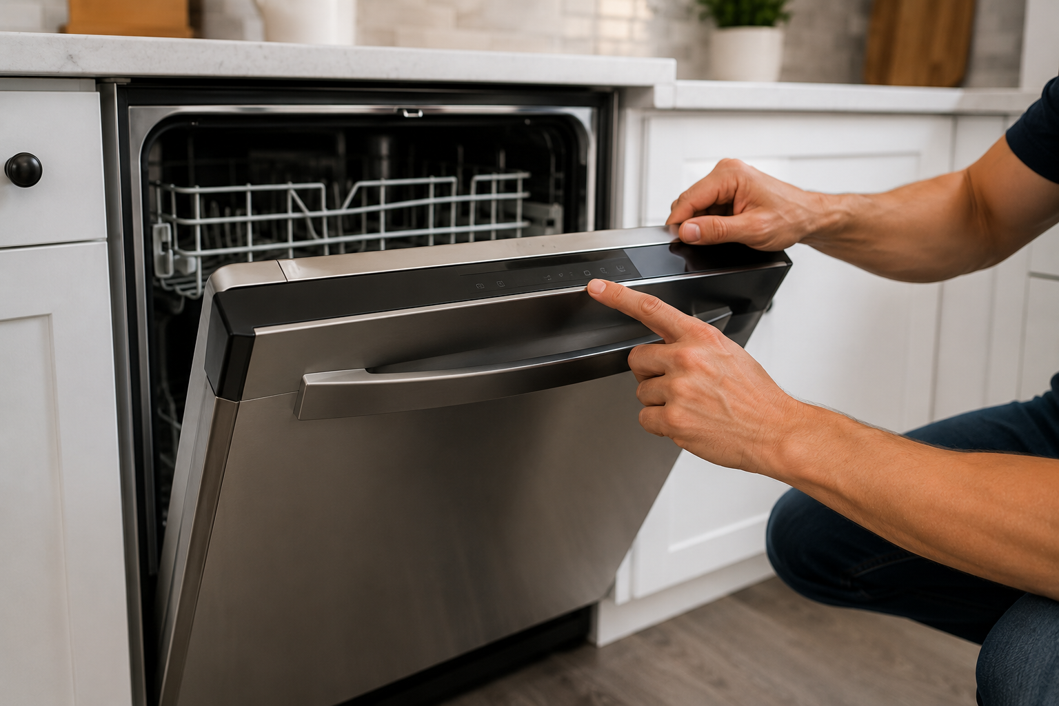 Modern stainless steel dishwasher in a clean kitchen with the door slightly open while a homeowner performs troubleshooting and maintenance on the appliance.