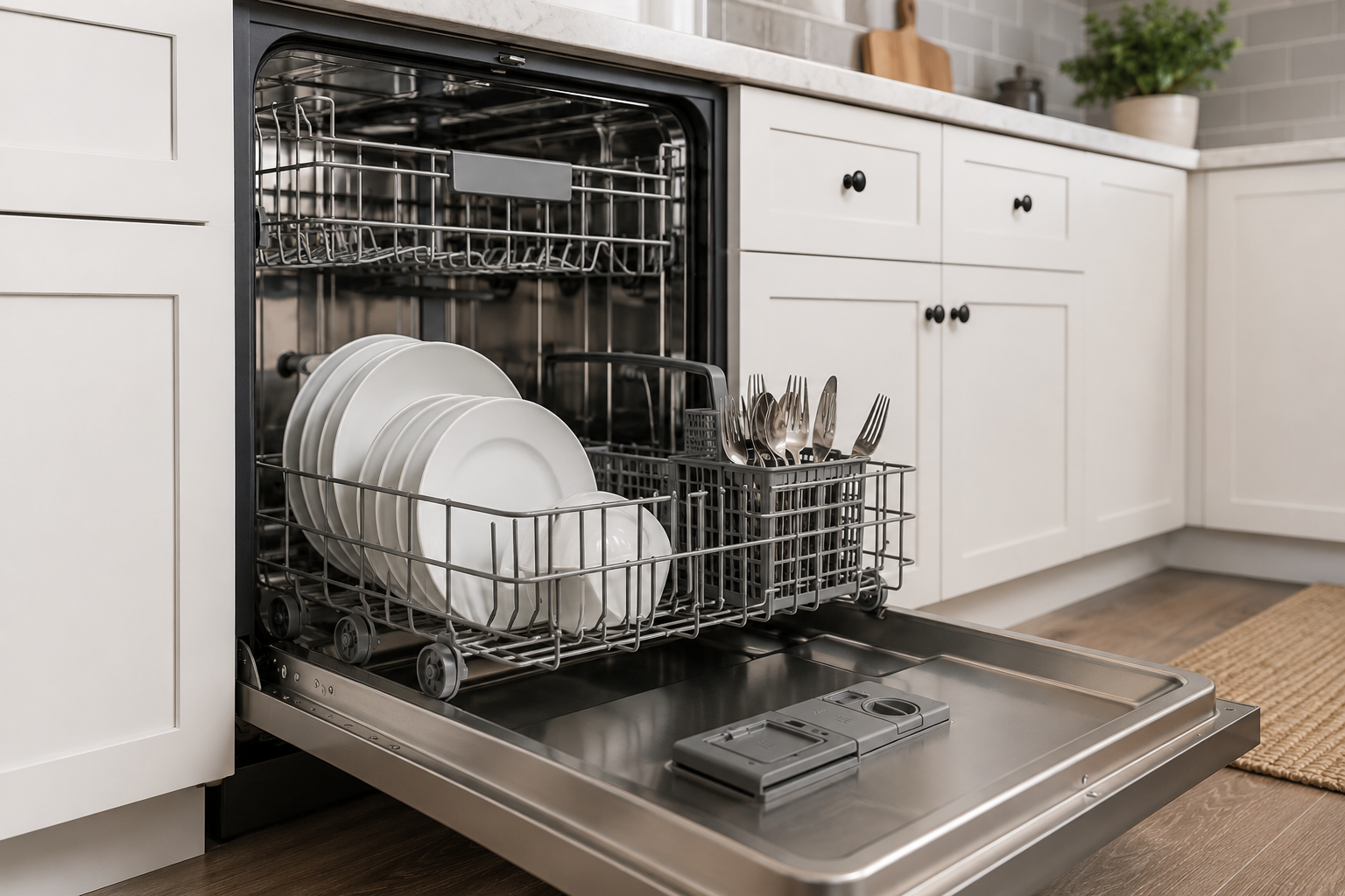 Modern GE-style dishwasher open in a bright kitchen during H2O error code troubleshooting repair process