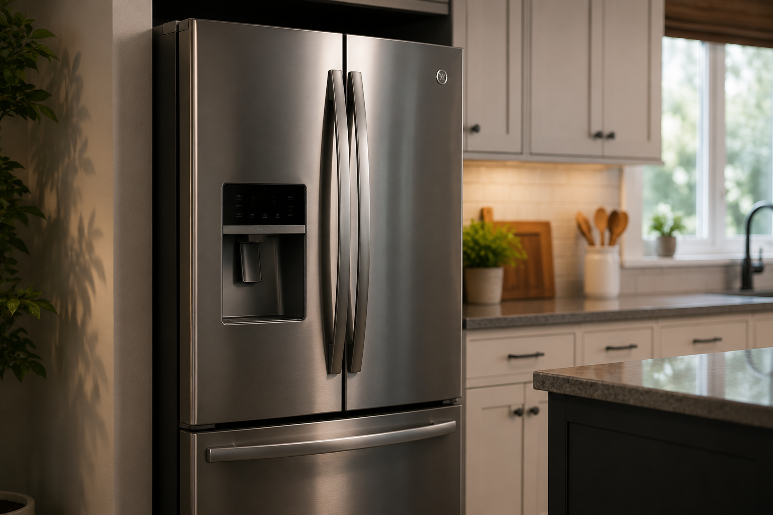 Modern stainless steel GE-style refrigerator in a kitchen with a homeowner reacting to a PF power failure error while checking the refrigerator display after a power outage