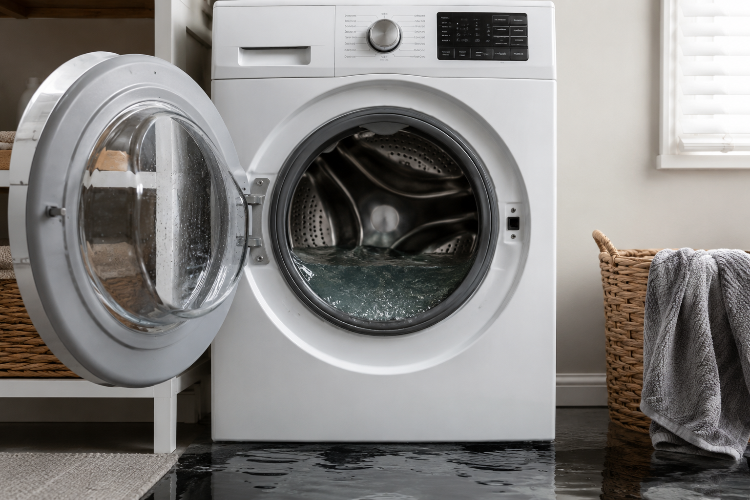Front-loading washing machine with standing water inside the drum in a modern laundry room during a drainage problem troubleshooting repair.