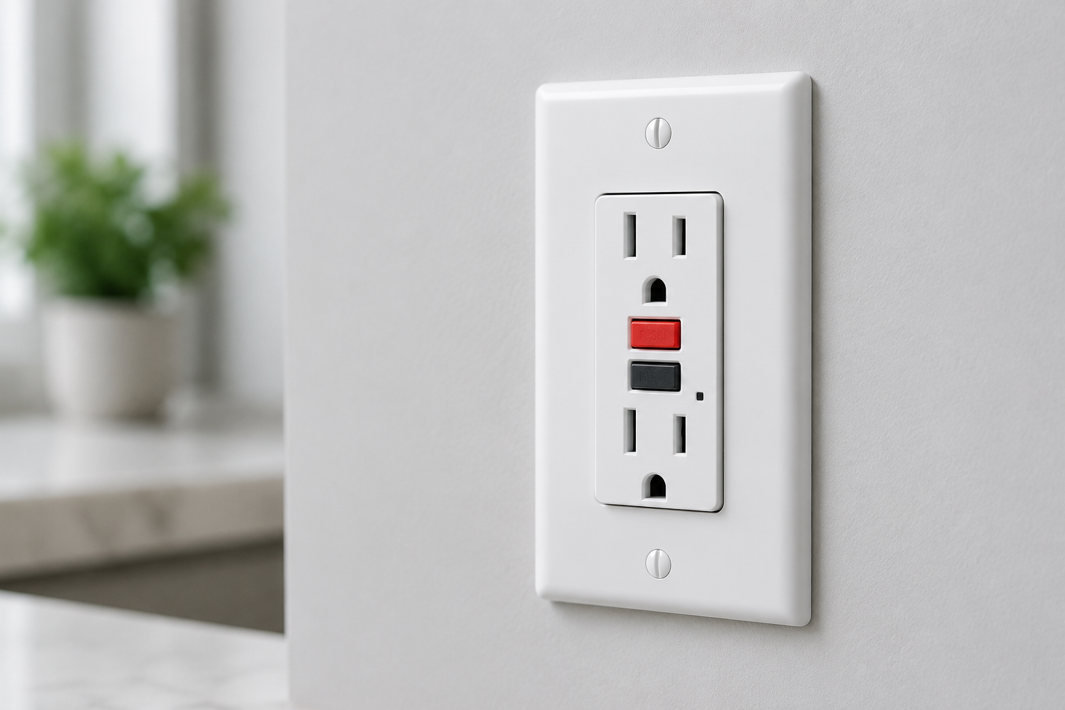 Finger pressing reset button on a GFCI outlet during electrical troubleshooting repair.