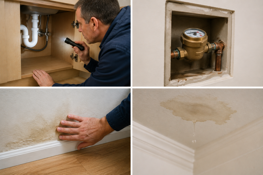 Inspecting a home for hidden plumbing leaks causing low water pressure and water damage