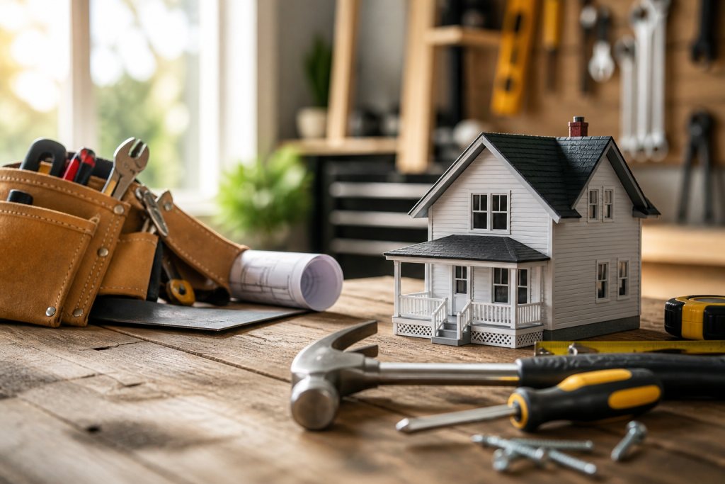 DIY home repair workspace with tools and model house on wooden workbench in bright workshop setting