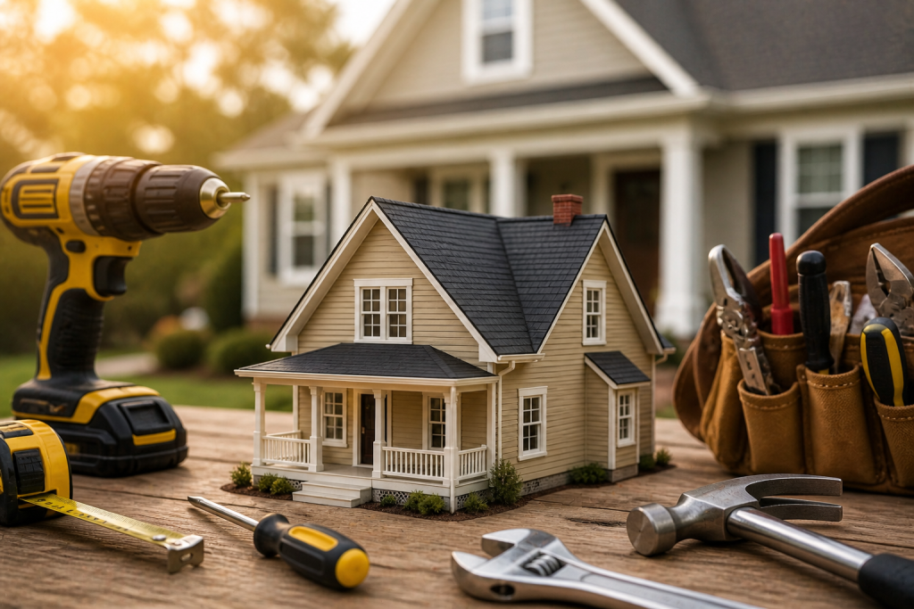 Home repair tools and model house representing DIY home maintenance and repair guidance