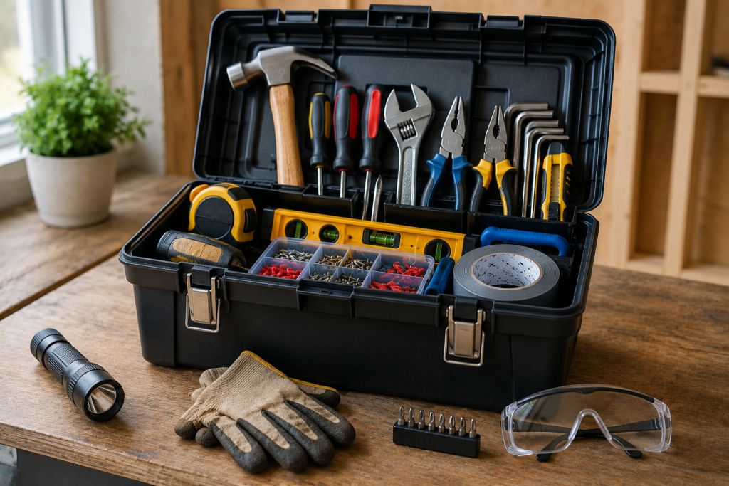 Basic homeowner tool kit with essential home maintenance tools and safety equipment
