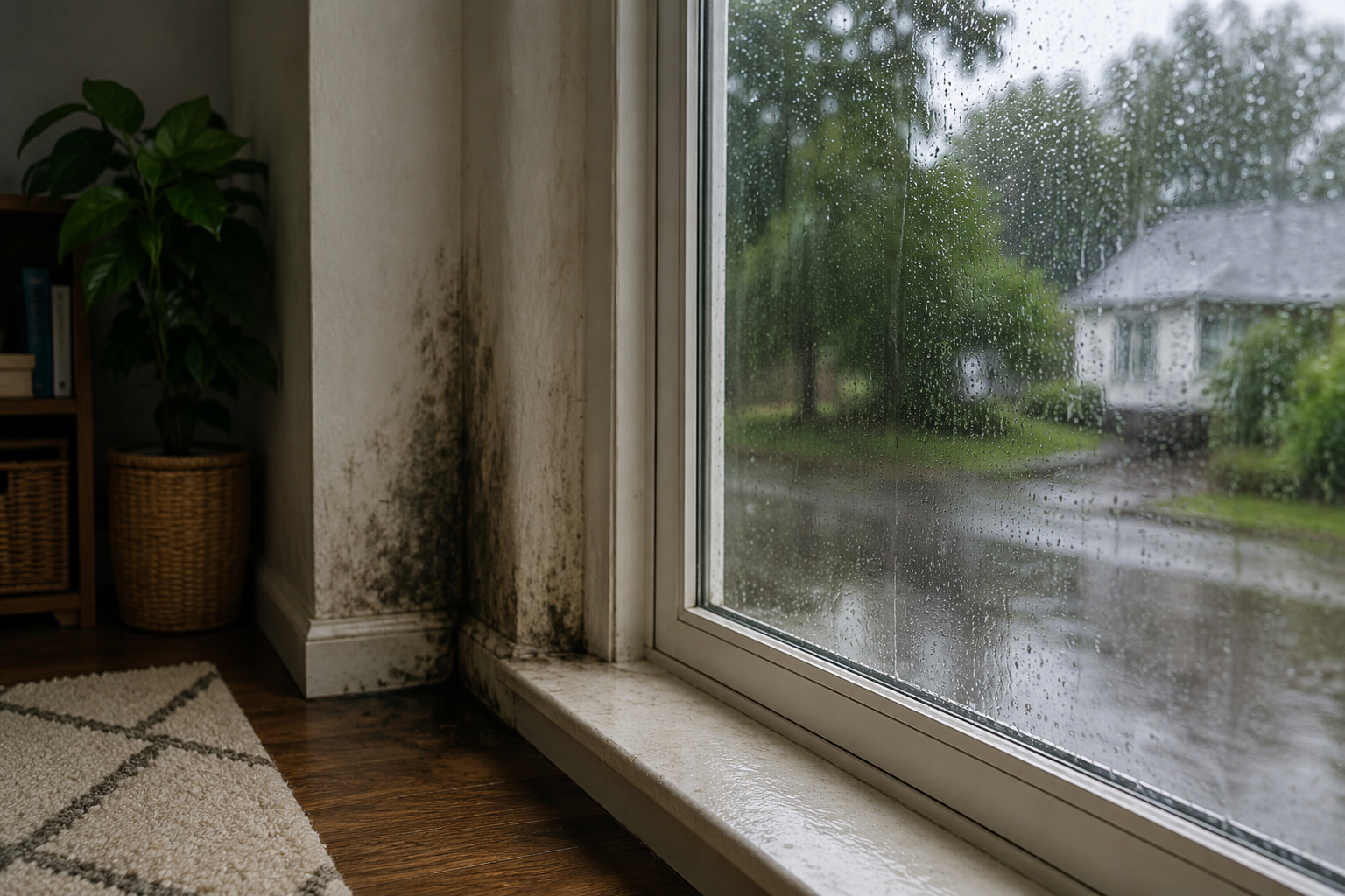 Cozy suburban home exterior after heavy rain with damp landscaping, dark clouds, and subtle moisture atmosphere suggesting indoor musty odor issues