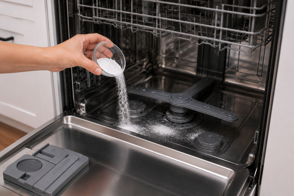 Baking soda sprinkled across the bottom of an empty dishwasher before running a short hot-water rinse cycle to neutralize odors and freshen the interior.