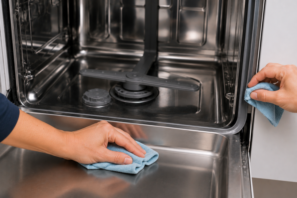 Homeowner wiping the interior walls and rubber door gasket of an open dishwasher with a microfiber cloth to remove grease, residue, and mold buildup during routine dishwasher cleaning.