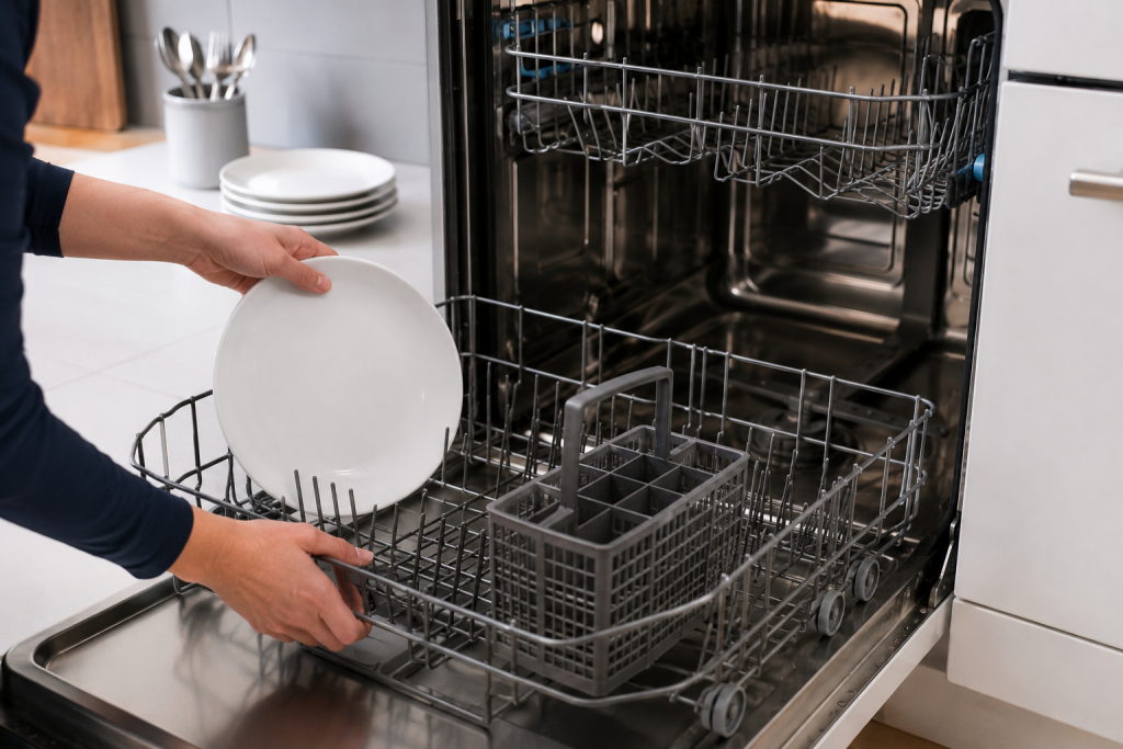 Homeowner removing dishes from an open dishwasher and pulling out the lower rack before beginning a How to Clean a Dishwasher routine.