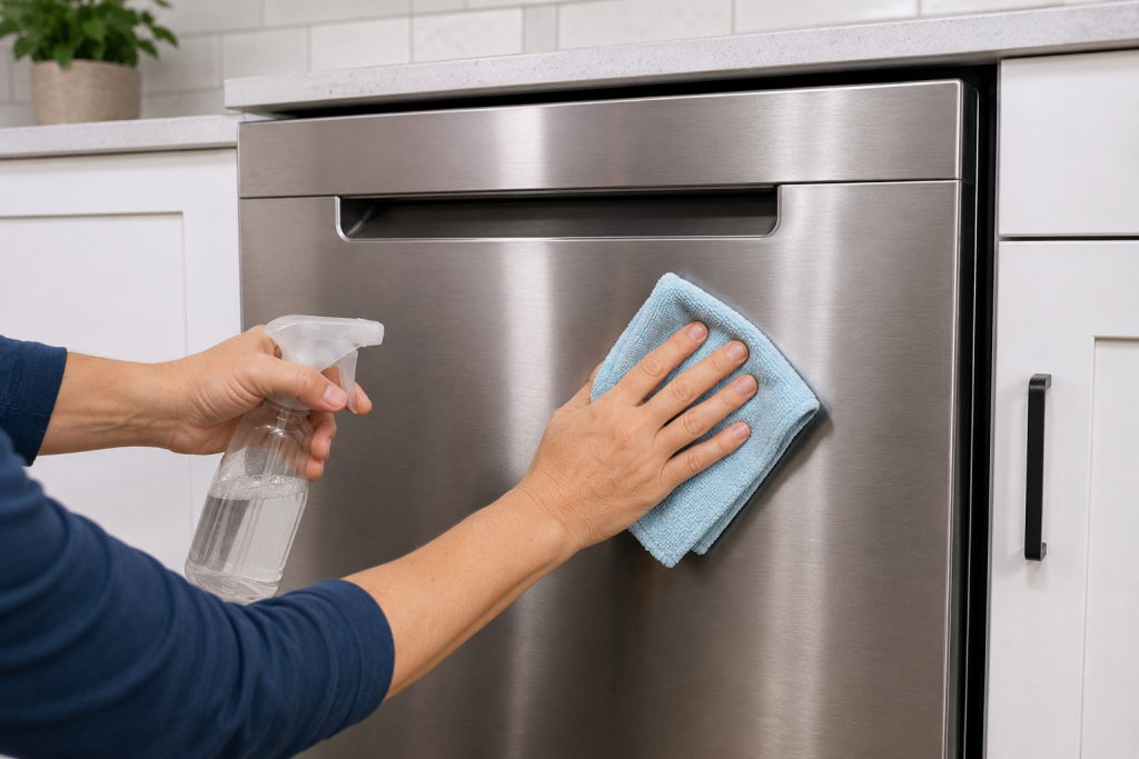 Homeowner wiping the exterior door and control panel of a stainless steel dishwasher with a microfiber cloth to remove fingerprints, smudges, and dirt during routine dishwasher maintenance.