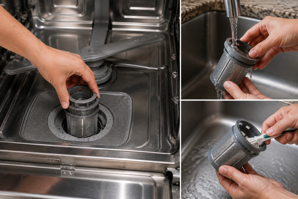 Removing and cleaning a dishwasher filter under running water with a soft brush to remove food debris, grease, and buildup during routine dishwasher maintenance.
