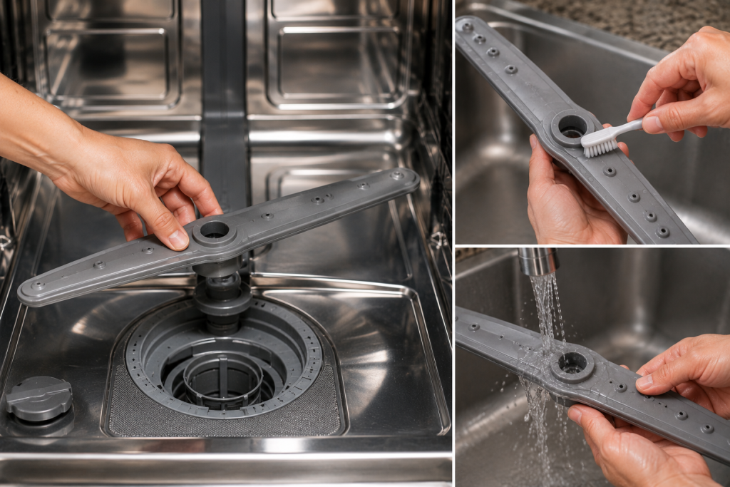 Homeowner cleaning dishwasher spray arm holes with a small brush and toothpick to remove food particles and mineral buildup for improved cleaning performance.