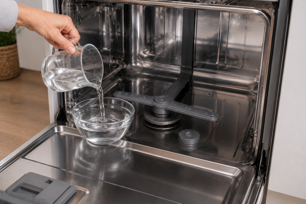 Cup of white vinegar placed on the top rack of an empty dishwasher before running a hot cleaning cycle to remove grease, hard water deposits, and odors.