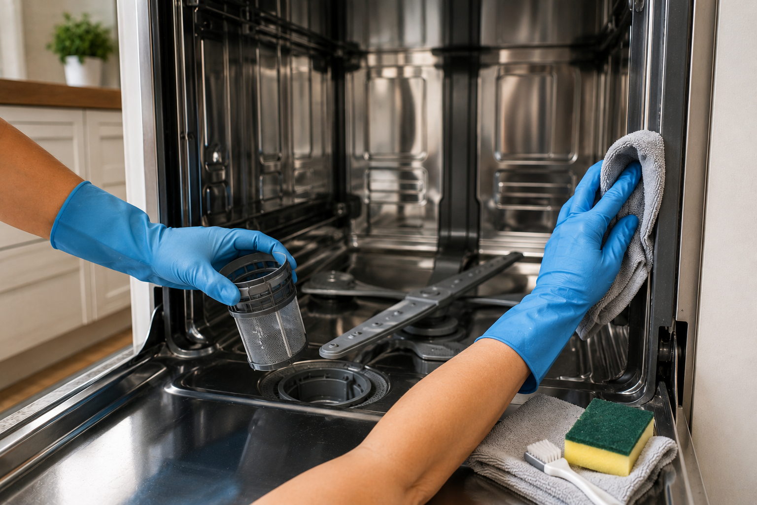 Clean modern dishwasher with open door, spotless stainless steel interior, removable filter, and cleaning supplies on a kitchen countertop, illustrating dishwasher maintenance and deep cleaning.