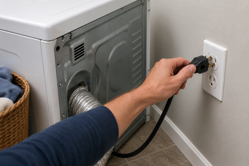 Homeowner unplugging a dryer power cord from a wall outlet in a laundry room before beginning dryer vent cleaning and maintenance, with the dryer safely pulled away from the wall for access for How to Clean a Dryer Vent