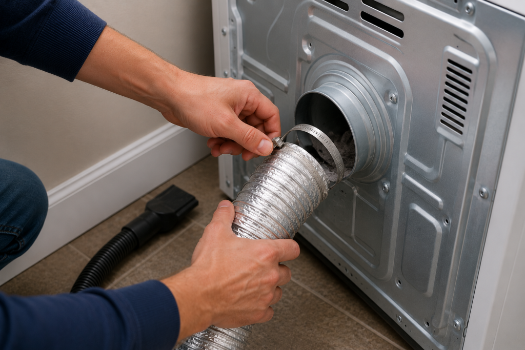 Homeowner disconnecting a flexible dryer vent hose from the back of a dryer after loosening the hose clamp, preparing the vent system for cleaning and lint removal.