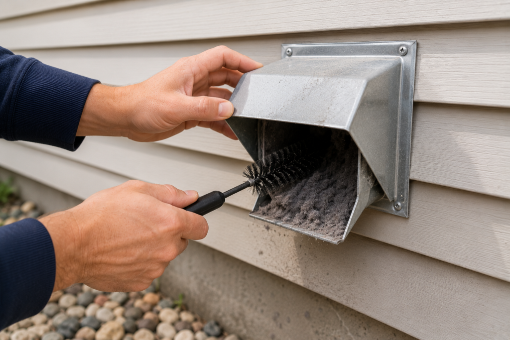 Homeowner inspecting and cleaning an exterior dryer vent hood on the outside wall of a house, removing lint and debris from the vent opening to improve airflow and maintain safe dryer operation.