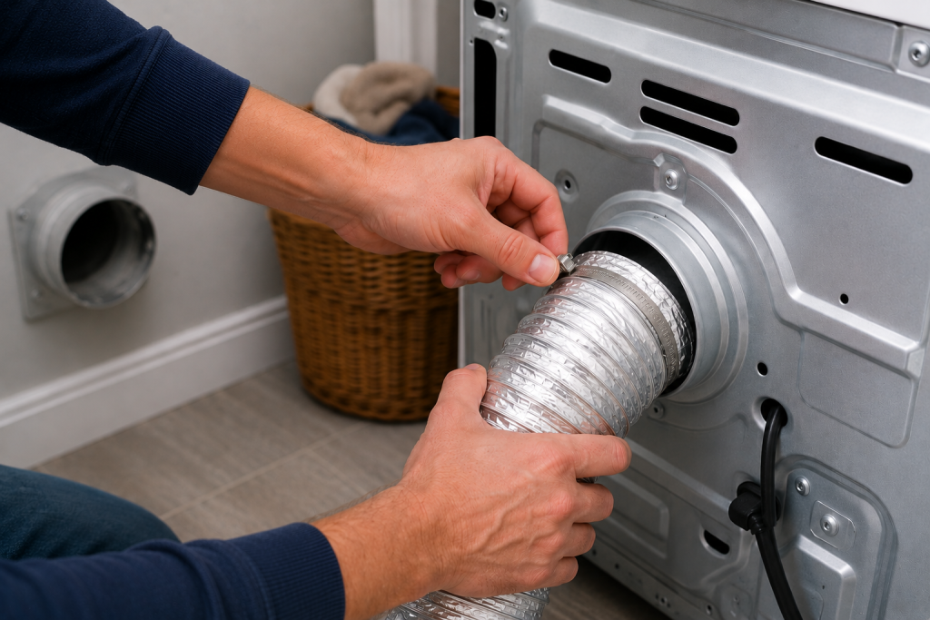 Homeowner reconnecting a flexible dryer vent hose to the back of a dryer and tightening the metal clamp to secure the vent system after cleaning, ensuring proper airflow and safe dryer operation.