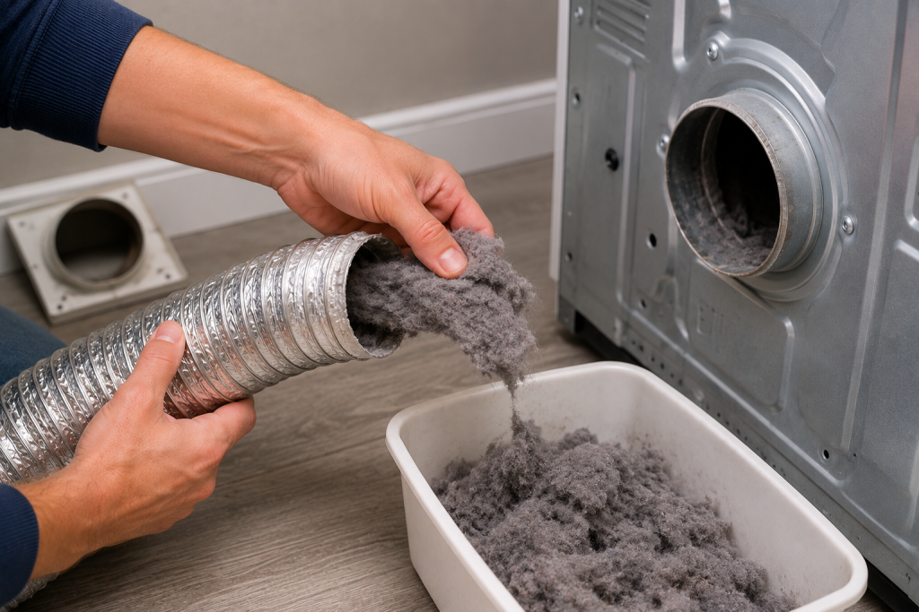 Homeowner removing a large buildup of lint from a detached dryer vent hose and collecting the debris in a container during routine dryer vent cleaning maintenance.
