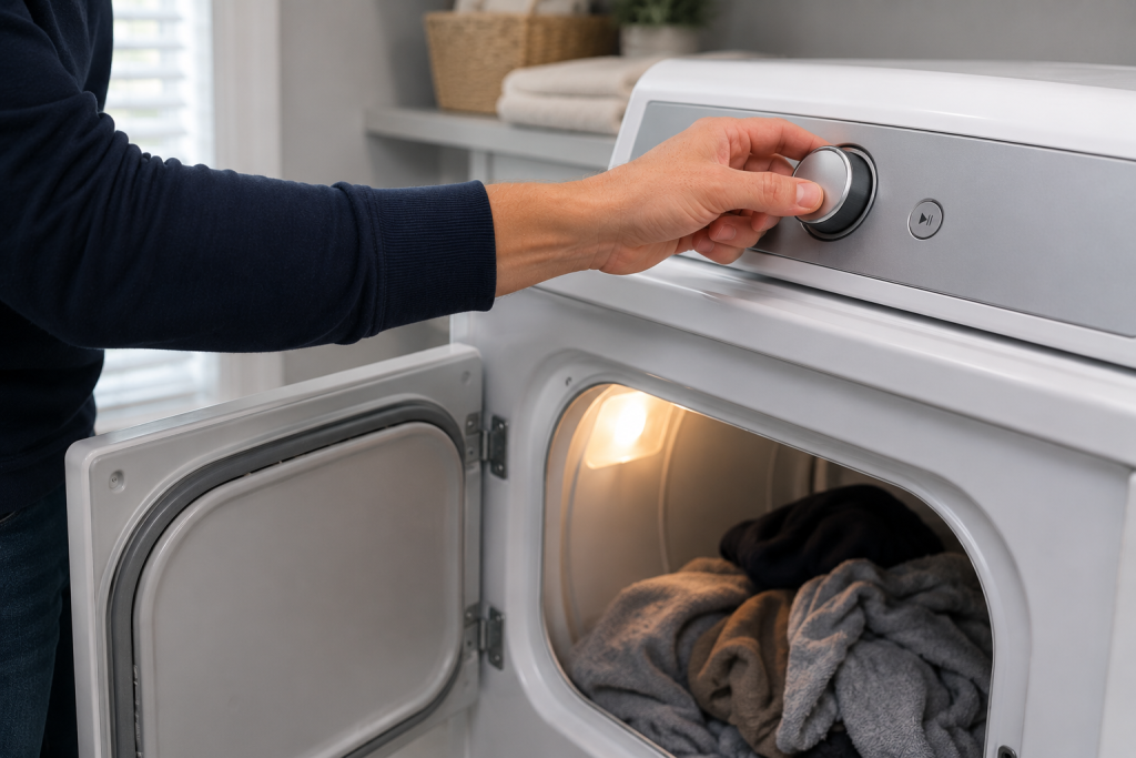 Homeowner running a test cycle on a front-loading dryer after cleaning the vent system, checking for proper operation and strong airflow to verify the dryer vent cleaning was successful.