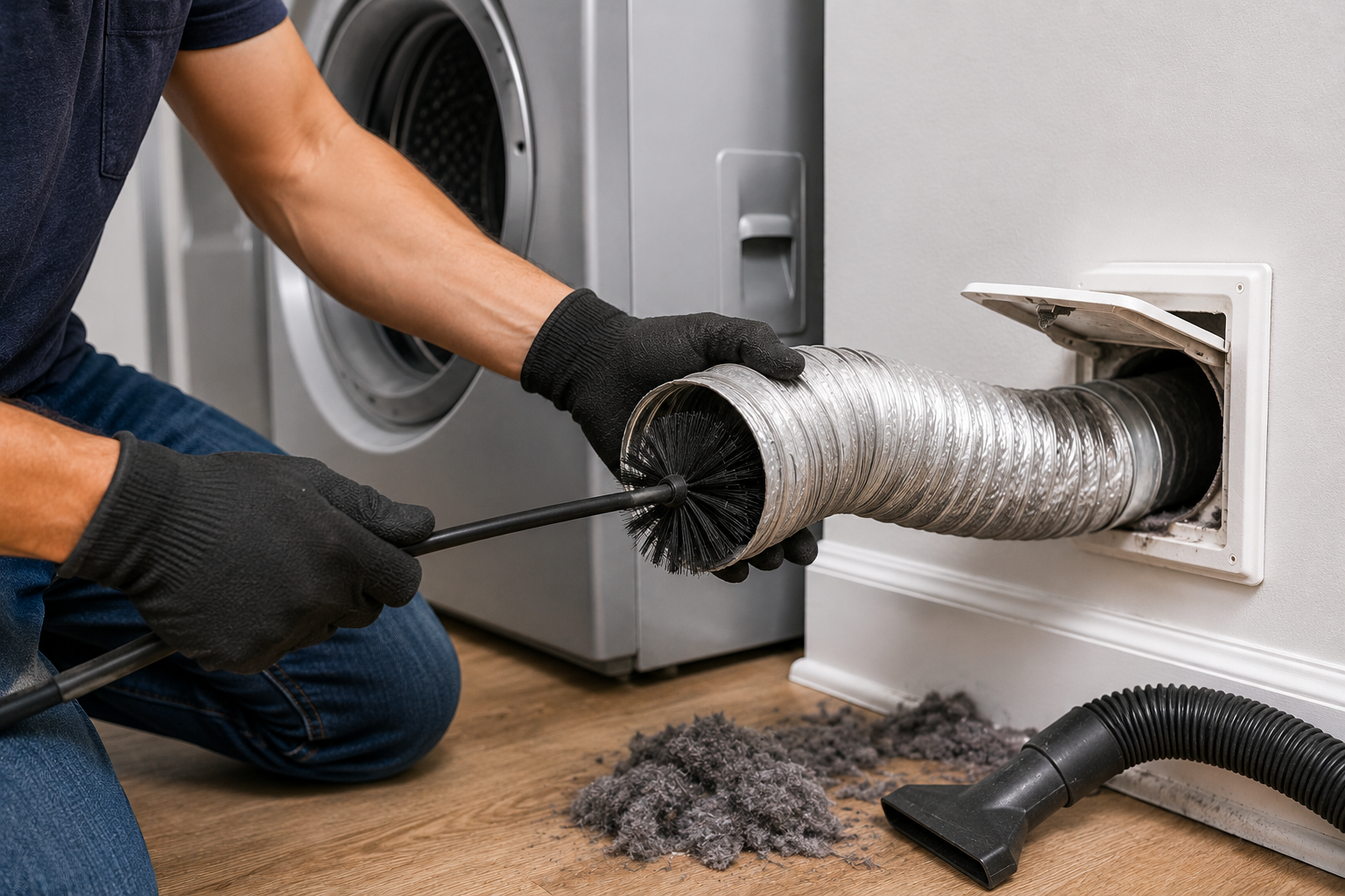 Homeowner cleaning a dryer vent hose with a vent brush and vacuum attachment in a laundry room, removing lint buildup from the vent system to improve airflow and dryer efficiency.