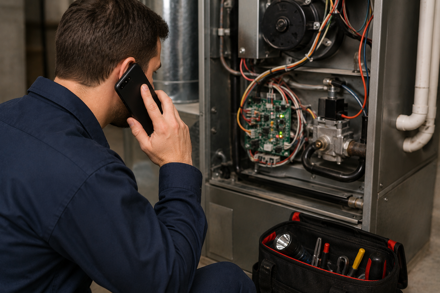 HVAC technician inspecting a furnace control board and gas valve inside a residential heating system during professional repair service
